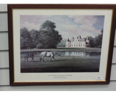 A horse racing print, after Richard Stone-Reeves, Grey Dawn at Chateau du Mesnil, signed, 1206/2000
