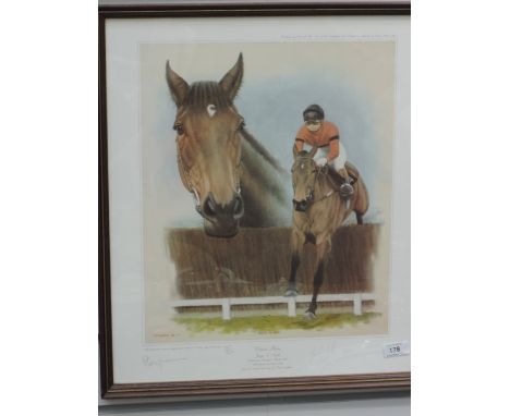 A horse racing print, after P.Deighan, Dawn Run, signed arists and Jonjo O'Neil, 167/500