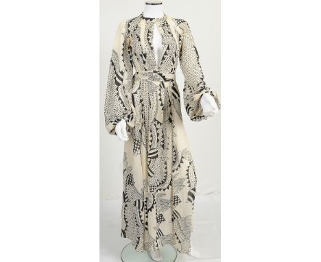 A rare 1969 long chiffon wrap dress by Ossie Clark for Quorum in a black and white geometric and floral print by Celia Birtwe