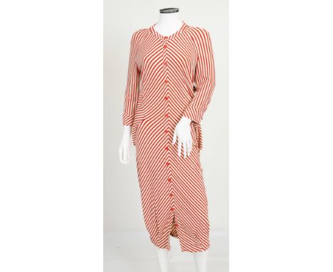 A 2005 Alexander McQueen red and cream striped dress, jersey fabric, triangle detail to hips, button fastening all along fron