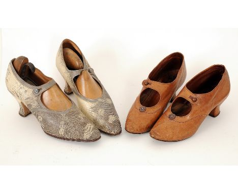 A pair of 1940s tan leather shoes, small beaded decoration to front, single button cross over straps, inside stamped with 'R.