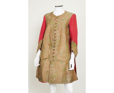 A 1760s male red silk and floral brocade undercoat, brocade design to front and half of back, red silk sleeves with brocade c