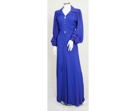 An early 1970s long blue Ossie Clark for Radley moss crepe dress, button fastening to front, long sleeves, large collar, Ossi