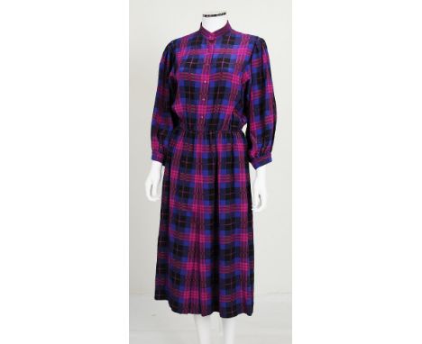 A 1970s Louis Féraud pink, purple and black checked dress, blouson sleeves, button fastening to bust, midi length, Louis Féra