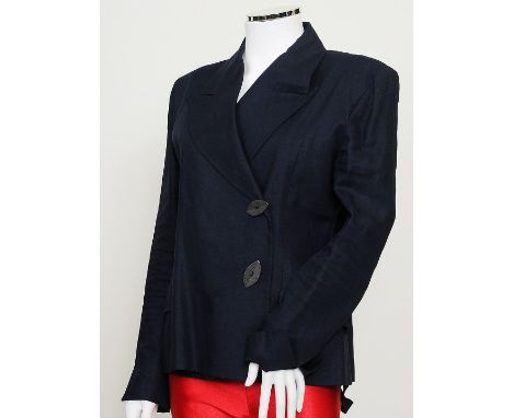 A navy John Galliano jacket with two oval mottled green buttons to front, wide shaped lapels, long sleeves, John Galliano lab