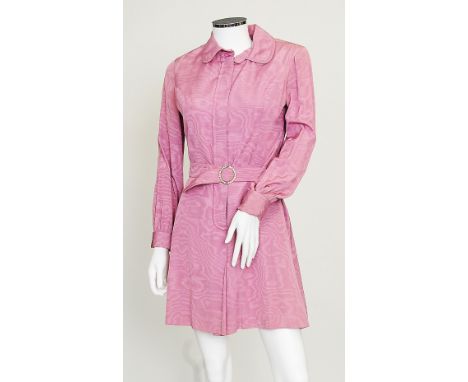 A 1960s pink shift dress, long sleeves, collar, concealed zip fastening to front, tie waist belt with diamante buckle, diaman