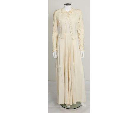 A 1940s/1950s silk wedding dress and matching cropped jacket, with crepe lining, short straps with knotted detail, full long 