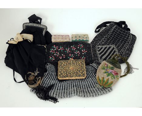 A collection of miscellaneous accessories including small beaded purses and bags, three circa 1920s/1930s, a small black and 