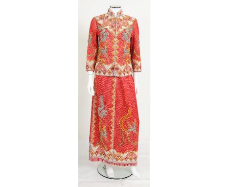 A 1960s/1970s handmade red silk Chinese beaded and sequinned wedding outfit, consisting of a skirt and jacket, elaborately be