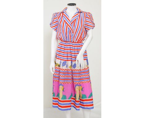 A 1950s red, white and blue striped dress with a motor car and female portrait design to the skirt, elasticated waist, open n