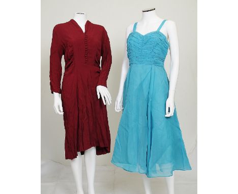 Two 1960s evening dresses; one turquoise, silk and crepe, ruchedbodice with thin straps and zip fastening to back, 'Sally Sla