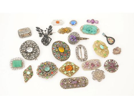A collection of twenty one gilt metal and paste brooches, various sizes and colours; together with a collection of eight furt