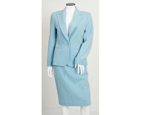 A 2001 Alexander McQueen two piece pale blue wool skirt suit, jacket with long lapels, single button fastening, Alexander McQ