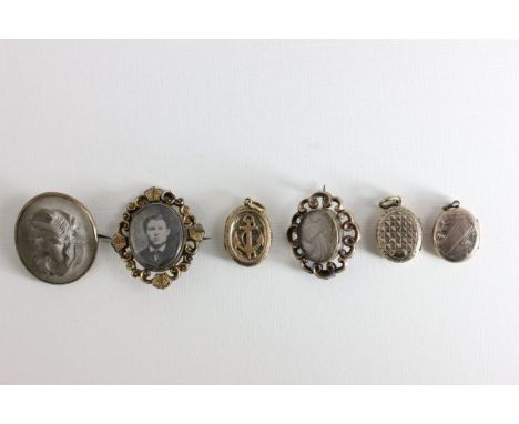 Three Yellow Metal Lockets, two with enamel decoration and the other with Naval Anchor together with a Lava Cameo and Two Vic