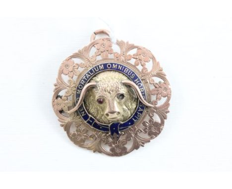 9ct Gold and Enamel Victorian Masonic Medal with buffalo head presented to Sir E Forbes KOM PPC Sec for Services rendered as 