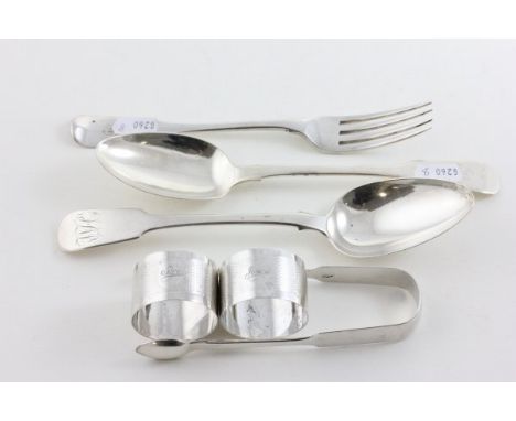 Georgian Silver Sugar Tongs, Two Georgian Silver Serving Spoons, Georgian Silver Fork and Pair Engine Turned Napkin Rings 