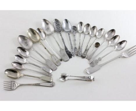 Group of Silver Cutlery including Sugar Tongs, 10 Teaspoons and Fork plus Seven Plated items