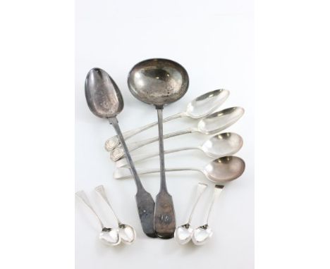 Two Georgian Silver Matching Table Spoons, Four Georgian Silver Teaspoons, Two Silver Walker & Hall Soup Spoons and 19th cent