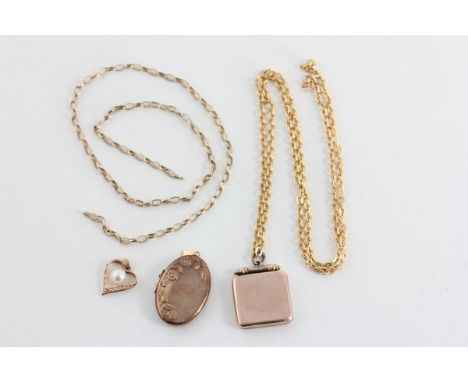 Two 9ct Gold Lockets, 14K Gold Heart Shaped Pendant set with Pearl plus Two Chains