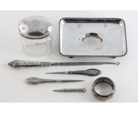 Large Silver Handled Button Hook, Two other Silver Handled Button Hooks plus Silver Lidded Dressing Jar, Silver Stand, Silver