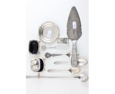 Group of Silver Items including Salt and Mustard with Blue Glass Liners, Trinket Dish, Napkin Ring, Three Spoons plus White M