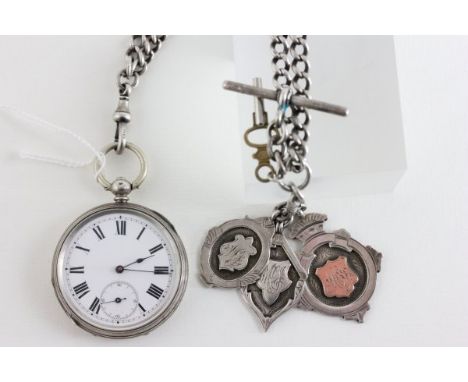 Silver Cased Pocket Watch, the white enamel face with seconds aperture together with a Silver Curb Link Fob Chain and Three '