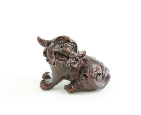 Signed Wood Netsuke of a Foo Dog