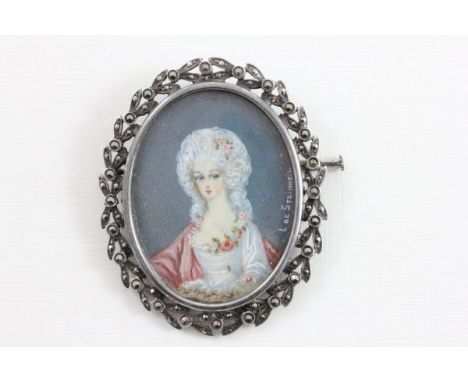 Oval Painted Miniature Portrait of a 19th century French Lady signed L De Steinheil mounted in a White Metal Frame set with M