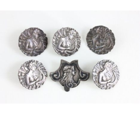 Five Art Nouveau Silver Buttons depicting Maiden playing harp, Birmingham 1903 plus another Art Nouveau Button