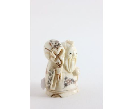 Oxbone Netsuke of an Old Man with Sack and Offering