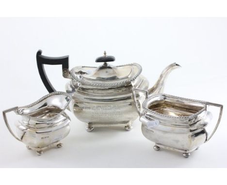 Walker & Hall Silver Three Piece Tea Service, the teapot with ebony handle and finial, each piece with gadrooned edge and rai