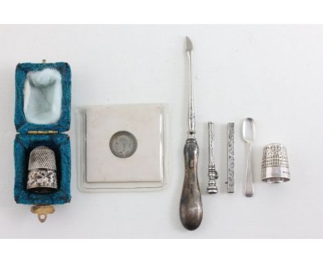 Silver Miniature Spoon, Silver Handle Manicure Item, Two Silver Thimbles, Silver Three Penny Coin and White Metal Propelling 