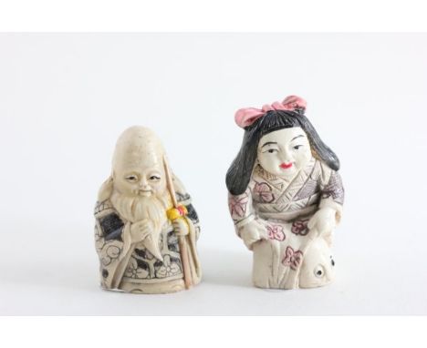 Two Netsuke including a God of Wisdom and Lady with Pet