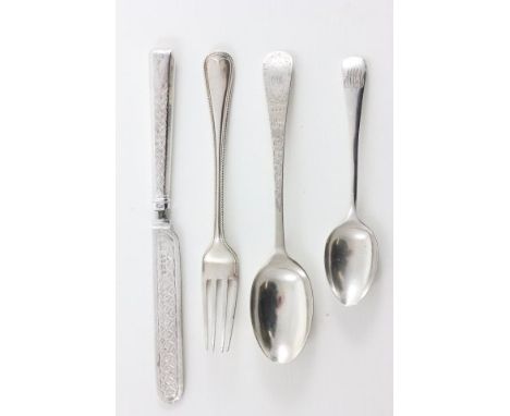 Silver 'Walker & Hall' Spoon with engraved handle, Victorian Silver Knife with engraved blade and handle plus Silver Teaspoon