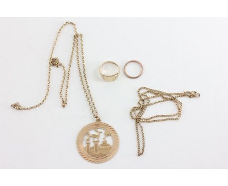 9ct Gold Signet Ring, 9ct Gold Band, 9ct Gold Neck Chain with Yellow Metal Pendant and another 9ct Gold Chain