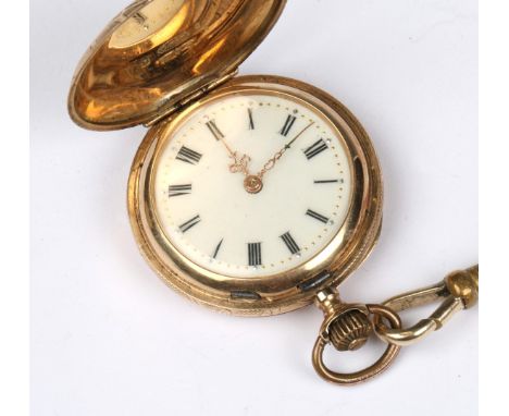 A 14CT GOLD LADY'S POCKET WATCH with white enamel dial, Roman numerals, outer case engraved with flowers on both sides, 3.1cm
