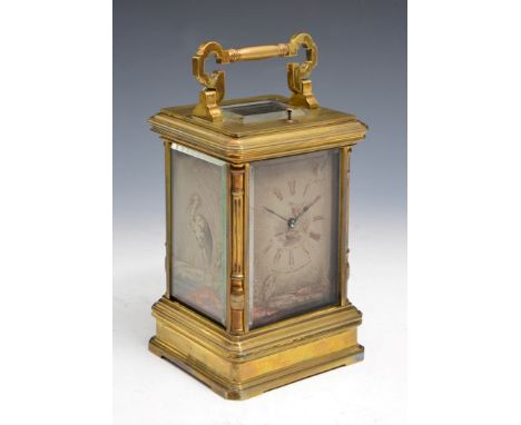 A 19TH CENTURY FRENCH CARRIAGE CLOCK the silvered Roman dial engraved and polychrome decorated with herons at the waters edge