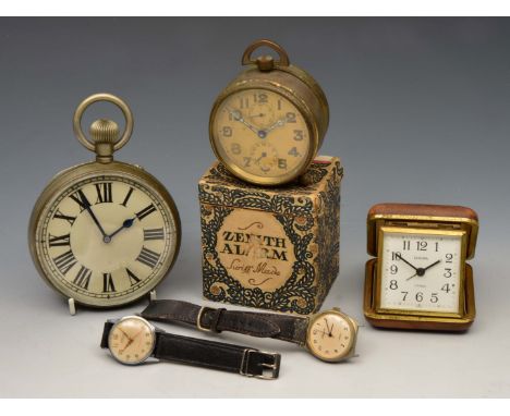 A NICKEL PLATED GOLIATH POCKET WATCH with Roman dial and blued steel hands, 10.5cm diameter, a Zenith alarm clock with gilt A