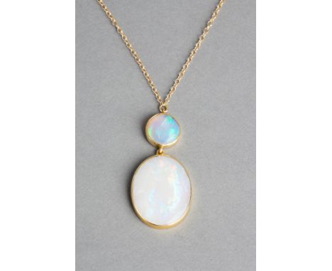 AN OPAL PENDANT AND CHAIN, oval white opal suspended from a circular opal