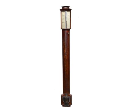 A GEORGE III MAHOGANY BOW FRONT STICK BAROMETER, the two piece silvered vernier scale with opposing weather indications signe