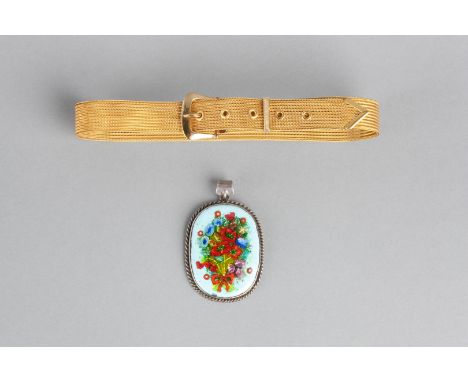 A SCANDINAVIAN SILVER AND ENAMEL PENDANT decorated with a bouquet of flowers, stamped 835 and a gilt metal collar in the form