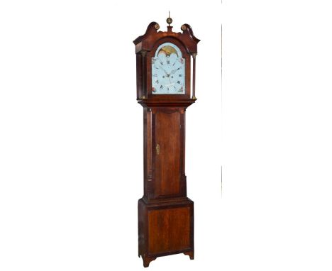 AN OAK 8 DAY LONGCASE CLOCK, the break arch painted Roman dial with Arabic five minutes signed S Robson, North Shields, with 