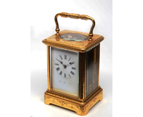 A 19TH CENTURY FRENCH SMALL SIZE CARRIAGE TIMEPIECE with white enamel Roman dial, indistinctly signed Howell James & Co with 