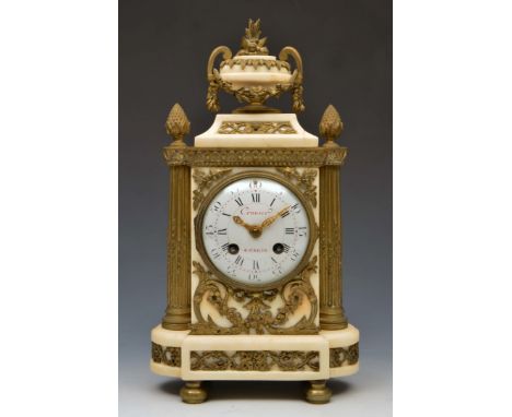 A 19TH CENTURY FRENCH MANTEL CLOCK with convex white enamel Roman dial, Arabic five minutes, signed Cronier, Paris, pierced g