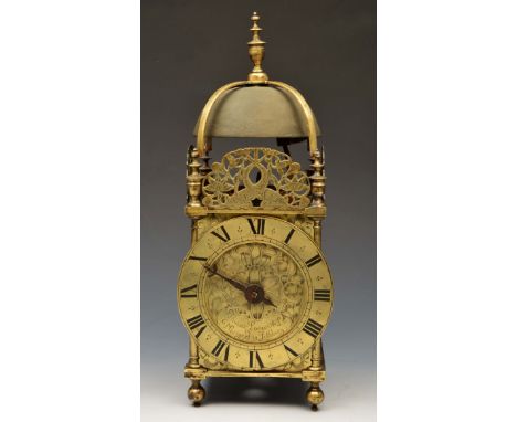 A MID 17TH CENTURY BRASS LANTERN CLOCK, the floral engraved dial signed Thomas Loomes at ye mermayd in Lothbury and Roman cha