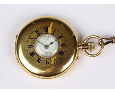 AN 18CT GOLD HALF HUNTER POCKET WATCH by S Smith & Son, Trafalgar Square with white enamel dial, Roman numerals and subsidiar