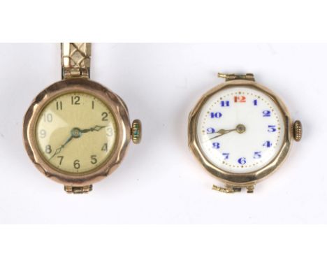A LADY'S 9CT GOLD WRIST WATCH with white enamel dial and Arabic numerals and a similar lady's watch (2)