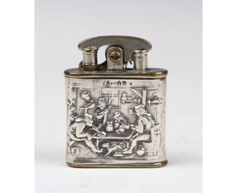 A COLIBRI PATENT LIGHTER with silver outer body with press interior, an inn scene of a gentleman at a table, 800 grade silver