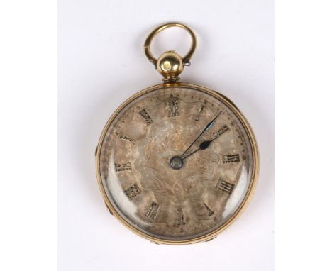 AN 18K GOLD SMALL POCKET WATCH, the floral decorated engine turned silvered dial with raised Roman numerals, key wind and fol