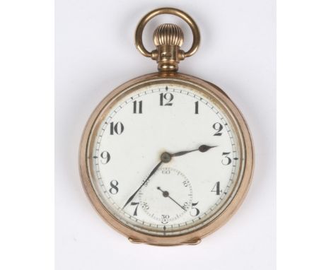 A 9CT GOLD POCKET WATCH with white enamel dial, Arabic numerals and subsidiary secondhand dial